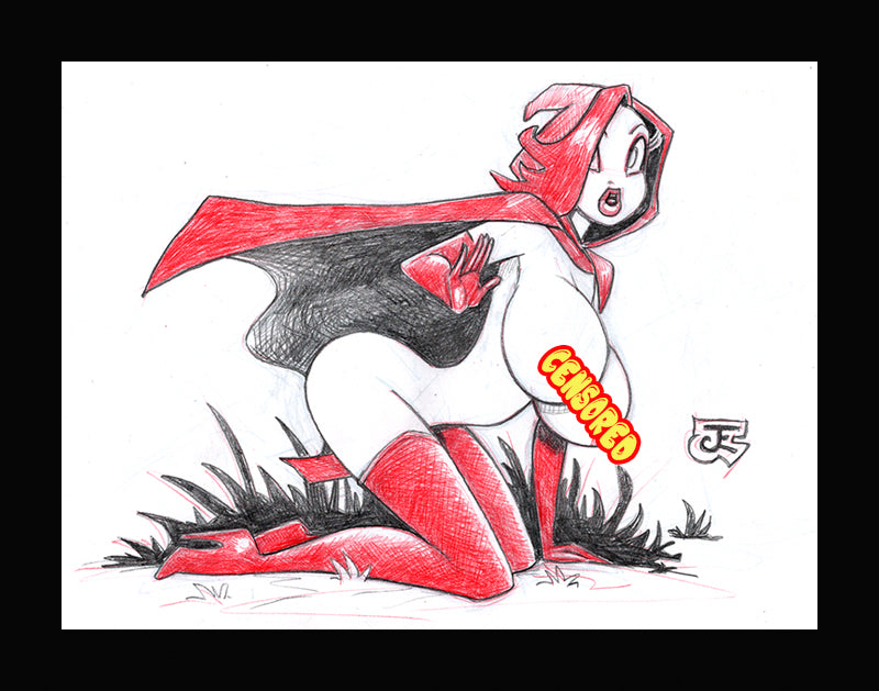 Red Hot Riding Hood Jessica - Hiding (Original one of a kind) Drawing By Jeff Egli