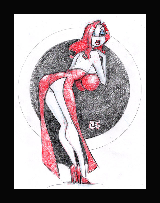 Jessica- Red Hot! (Original one of a kind) Drawing By Jeff Egli