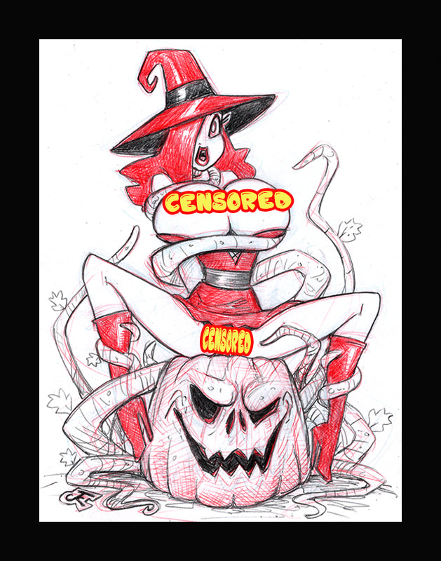 Witchy Jessica Vs The Dark Pumpkin! (Original one of a kind) Drawing By Jeff Egli