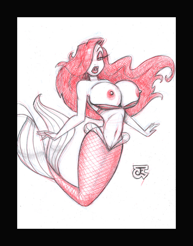 Mermaid Jessica Rabbit Busting Out! (Original one of a kind) Drawing By Jeff Egli