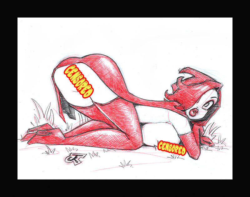 Red Hot Jessica, Hide and Seek! (Original one of a kind) Drawing By Jeff Egli