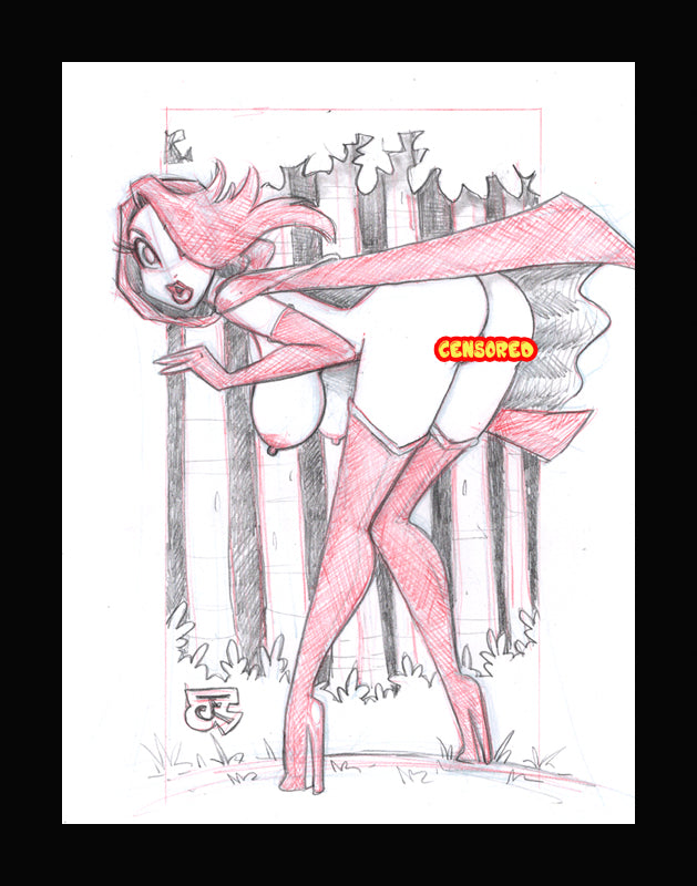 Red Hot Riding Hood in the Wild (Original one of a kind) Drawing By Jeff Egli