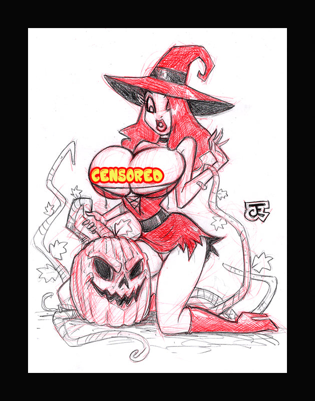 Pumpkin Witch Jessica Rabbit (Original one of a kind) Drawing By Jeff Egli