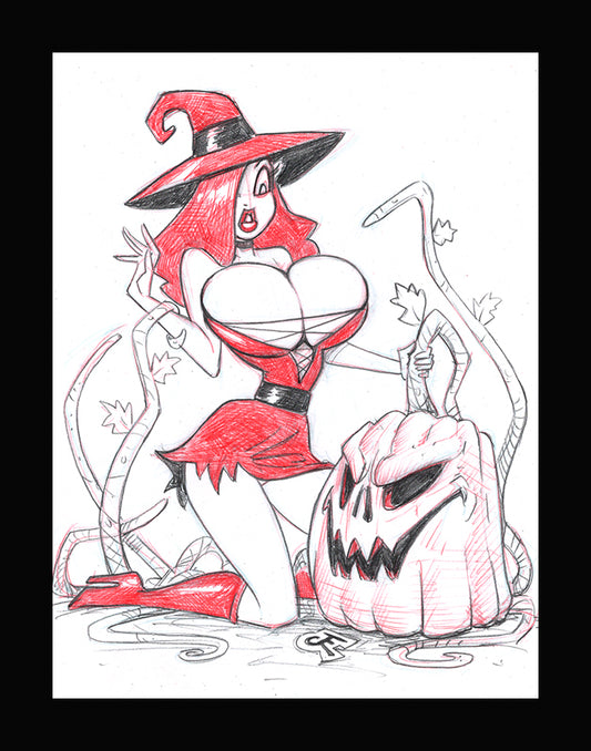 Witchy Jessica and The Pumpkin!  (Original one of a kind) Drawing By Jeff Egli